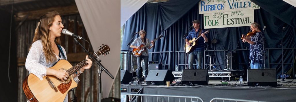 2023 Purbeck Rising Winner collage. Rachel Hill image on the left: she's playing guitar and singing into a microphone. Arquebus Trio image on the right: 1 playing bass, 1 playing guitar, and the other playing violin.