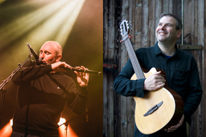 Michael McGoldrick and Tim Edey image. It is a split image with Michael on the left playing flute on stage and Tim on the right holding an acoustic guitar in front of a wooden fence background. 