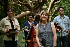 Charlotte Carrivick Band image. The 4 band members are posing in the forest with their instruments. They are all smiling.