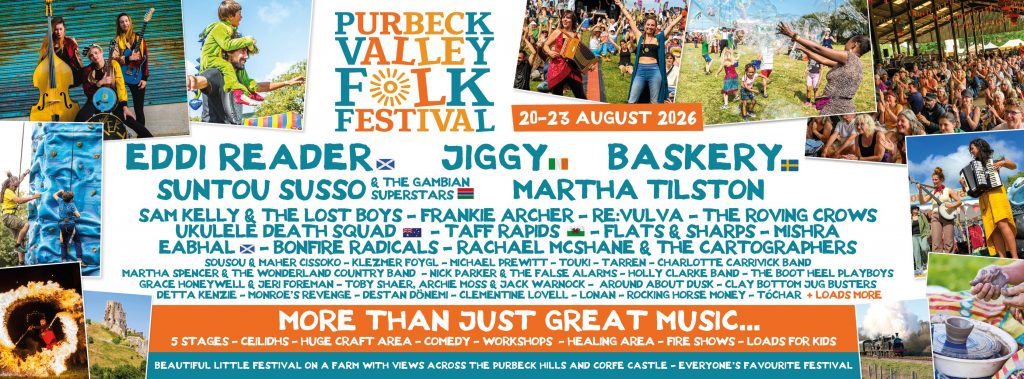 PVFF26 line-up image featuring names: Eddi Reader, Jiggy, Suntou Susso and The Gambian Superstars, Baskery, Sam Kelly & The Lost Boys, Martha Tilston, Ukulele Death Squad, Frankie Archer, Re:vulva, The Roving Crows, Eabhal, Taff Rapids, Flats & Sharps, Bonfire Radicals, Rachael McShane & The Cartographers etc